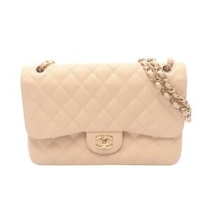 Chanel Double Flap Shoulder Bag Caviar Leather Grained Calfskin Beige